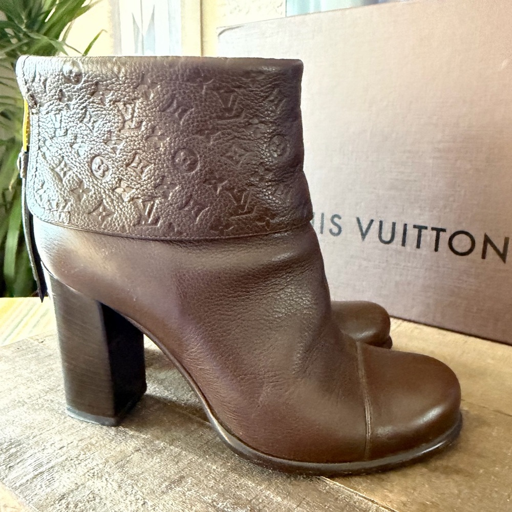Louis Vuitton Dark Brown Embossed Monogram Leather Ankle Booties